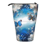 AQRJLPO Blue Butterflies White Flowers Print Expandable Pencil Case Organize, Stretchable Travel Stationery & Makeup Pouch Desk Storage Box for School, Office, Travel