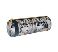 AQRJLPO Blue Eyed Snow Leopard Printed Round Pencil Case, Cute Leather Pencil Bag Pen Case Pouch, School Stationery Organizer Makeup Bag for Boys Girls Students