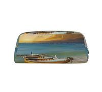 AQRJLPO Boat Beach Sunrise Time Nautical Print Leather Pencil Case with Silver Zipper, Multi-Use Cosmetic & Stationery Organizer, Waterproof Desk Storage Pouch for School, Office & Travel Gifts