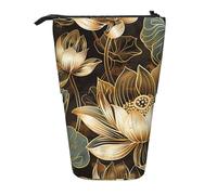 AQRJLPO Boho Gold Lotus Flowers Print Expandable Pencil Case Organize, Stretchable Travel Stationery & Makeup Pouch Desk Storage Box for School, Office, Travel