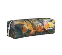 AQRJLPO Brook Trout Fly Fishing Printed Leather Simple Pencil Case, Cute Pencil Bag Pen Case Pouch, School Stationery Organizer Makeup Bag for Boys Girls Students