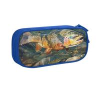 AQRJLPO Brook Trout Fly Fishing Prints Pencil Case for Boys Girls Large Capacity Office School Students Stationery Pouch Pencil Holder with 2 Compartments,Blue