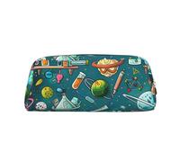 AQRJLPO Cartoon Science Theme Print Leather Pencil Case with Silver Zipper, Multi-Use Cosmetic & Stationery Organizer, Waterproof Desk Storage Pouch for School, Office & Travel Gifts