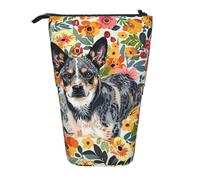 AQRJLPO Cattle Dog Florals Print Expandable Pencil Case Organize, Stretchable Travel Stationery & Makeup Pouch Desk Storage Box for School, Office, Travel
