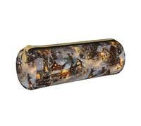 AQRJLPO Christmas Village Printed Round Pencil Case, Cute Leather Pencil Bag Pen Case Pouch, School Stationery Organizer Makeup Bag for Boys Girls Students