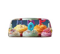 AQRJLPO Colorful Happy Birthday Cupcakes Print Leather Pencil Case with Silver Zipper, Multi-Use Cosmetic & Stationery Organizer, Waterproof Desk Storage Pouch for School, Office & Travel Gifts