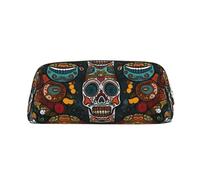 AQRJLPO Colorful Sugar Skulls Print Leather Pencil Case with Gold Zipper, Multi-Use Cosmetic & Stationery Organizer, Waterproof Desk Storage Pouch for School, Office & Travel Gifts