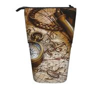 AQRJLPO Compass and Old World Map Print Expandable Pencil Case Organize, Stretchable Travel Stationery & Makeup Pouch Desk Storage Box for School, Office, Travel