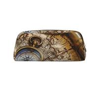 AQRJLPO Compass and Old World Map Print Leather Pencil Case with Gold Zipper, Multi-Use Cosmetic & Stationery Organizer, Waterproof Desk Storage Pouch for School, Office & Travel Gifts