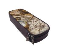 AQRJLPO Compass and Old World Map Prints Leather Pencil Case & Cosmetic Organizer Pouch with Zipper - Waterproof School Supplies, Travel Makeup Bag, Stationery Gift for Students, Women