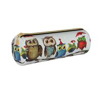AQRJLPO Cute Christmas Owls on Branch Printed Round Pencil Case, Cute Leather Pencil Bag Pen Case Pouch, School Stationery Organizer Makeup Bag for Boys Girls Students