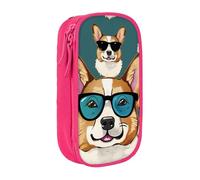 AQRJLPO Cute Corgi Glasses and Mustaches Prints Pencil Case for Students Boys Girls - Large Capacity Double-Layer Office School Stationery Pouch Pencil Holder,Pink