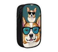 AQRJLPO Cute Corgi Glasses and Mustaches Prints Pencil Case for Students Boys Girls - Large Capacity Double-Layer Office School Stationery Pouch Pencil Holder,Black