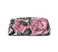 AQRJLPO Cute Rose Mix Leopard Pattern Print Leather Pencil Case with Gold Zipper, Multi-Use Cosmetic & Stationery Organizer, Waterproof Desk Storage Pouch for School, Office & Travel Gifts