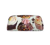 AQRJLPO Delicious Cupcakes Print Leather Pencil Case with Silver Zipper, Multi-Use Cosmetic & Stationery Organizer, Waterproof Desk Storage Pouch for School, Office & Travel Gifts