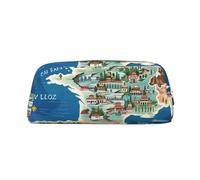 AQRJLPO Greece Map Print Leather Pencil Case with Silver Zipper, Multi-Use Cosmetic & Stationery Organizer, Waterproof Desk Storage Pouch for School, Office & Travel Gifts