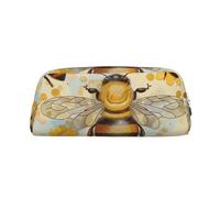AQRJLPO Honey Bee Print Leather Pencil Case with Silver Zipper, Multi-Use Cosmetic & Stationery Organizer, Waterproof Desk Storage Pouch for School, Office & Travel Gifts