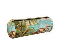 AQRJLPO Island of Cuba Printed Round Pencil Case, Cute Leather Pencil Bag Pen Case Pouch, School Stationery Organizer Makeup Bag for Boys Girls Students