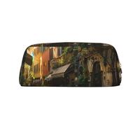 AQRJLPO Italian Old Street Print Leather Pencil Case with Gold Zipper, Multi-Use Cosmetic & Stationery Organizer, Waterproof Desk Storage Pouch for School, Office & Travel Gifts