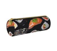 AQRJLPO Japanese Sushi Black Printed Round Pencil Case, Cute Leather Pencil Bag Pen Case Pouch, School Stationery Organizer Makeup Bag for Boys Girls Students