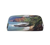 AQRJLPO Kauai Hawaii Seashore Print Leather Pencil Case with Gold Zipper, Multi-Use Cosmetic & Stationery Organizer, Waterproof Desk Storage Pouch for School, Office & Travel Gifts