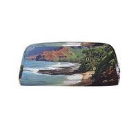 AQRJLPO Kauai Hawaii Seashore Print Leather Pencil Case with Silver Zipper, Multi-Use Cosmetic & Stationery Organizer, Waterproof Desk Storage Pouch for School, Office & Travel Gifts