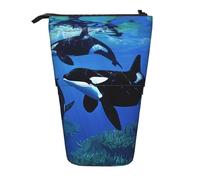 AQRJLPO Killer Whales Swim Along Print Expandable Pencil Case Organize, Stretchable Travel Stationery & Makeup Pouch Desk Storage Box for School, Office, Travel
