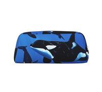 AQRJLPO Killer Whales Swim Along Print Leather Pencil Case with Silver Zipper, Multi-Use Cosmetic & Stationery Organizer, Waterproof Desk Storage Pouch for School, Office & Travel Gifts
