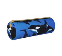 AQRJLPO Killer Whales Swim Along Printed Round Pencil Case, Cute Leather Pencil Bag Pen Case Pouch, School Stationery Organizer Makeup Bag for Boys Girls Students