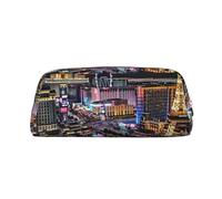 AQRJLPO Las Vegas Night View Print Leather Pencil Case with Gold Zipper, Multi-Use Cosmetic & Stationery Organizer, Waterproof Desk Storage Pouch for School, Office & Travel Gifts