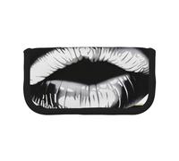 AQRJLPO Lips Printed in Black and White Stripes Print Canvas Pencil Case for Boys Girls Women, Cosmetic & Stationery Organizer, Zipper Desk Storage Pouch for School, Office & Travel Gifts
