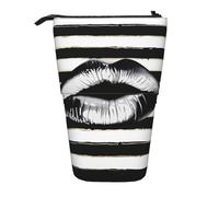 AQRJLPO Lips Printed in Black and White Stripes Print Expandable Pencil Case Organize, Stretchable Travel Stationery & Makeup Pouch Desk Storage Box for School, Office, Travel