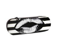 AQRJLPO Lips Printed in Black and White Stripes Print Leather Pencil Case Organize, Multi-Use Travel Cosmetic Bag, Zipper Desk Storage Box Compact Gift for School, Office, Travel