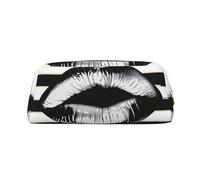 AQRJLPO Lips Printed in Black and White Stripes Print Leather Pencil Case with Gold Zipper, Multi-Use Cosmetic & Stationery Organizer, Waterproof Desk Storage Pouch for School, Office & Travel Gifts