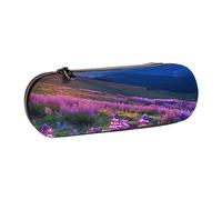AQRJLPO Nature Purple Flowers Meadow Mountain Scenic Print Leather Pencil Case Organize, Multi-Use Travel Cosmetic Bag, Zipper Desk Storage Box Compact Gift for School, Office, Travel