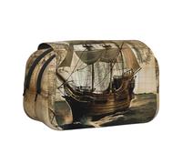 AQRJLPO Nautical Sailing Pirate Theme Print Pencil Case Double - Layer Flip Pencil Pouch Pen Organizer Makeup Bag for School, Travel and Work
