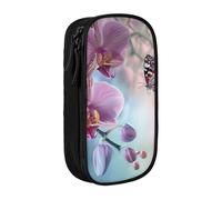 AQRJLPO Orchid Flower Butterfly Soft Fresh Spring Prints Pencil Case for Students Boys Girls - Large Capacity Double-Layer Office School Stationery Pouch Pencil Holder,Black