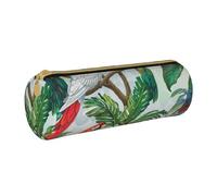AQRJLPO Parrot Birds and Tropical Tree Printed Round Pencil Case, Cute Leather Pencil Bag Pen Case Pouch, School Stationery Organizer Makeup Bag for Boys Girls Students