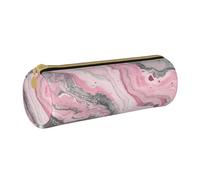 AQRJLPO Pink Abstract Ink Marble Gray Artistic Printed Round Pencil Case, Cute Leather Pencil Bag Pen Case Pouch, School Stationery Organizer Makeup Bag for Boys Girls Students