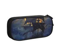 AQRJLPO Pirate Sailboat Full Moon Prints Pencil Case for Boys Girls Large Capacity Office School Students Stationery Pouch Pencil Holder with 2 Compartments,Black