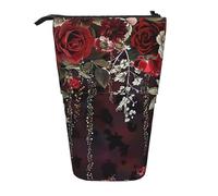 AQRJLPO Red Rose Floral Print Expandable Pencil Case Organize, Stretchable Travel Stationery & Makeup Pouch Desk Storage Box for School, Office, Travel