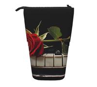 AQRJLPO Red Rose Piano Print Expandable Pencil Case Organize, Stretchable Travel Stationery & Makeup Pouch Desk Storage Box for School, Office, Travel