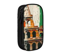 AQRJLPO Roman Colosseum Italian Flag Prints Pencil Case for Students Boys Girls - Large Capacity Double-Layer Office School Stationery Pouch Pencil Holder,Black