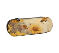 AQRJLPO Rural Honey Bees Flowers Print Leather Pencil Case Organize, Multi-Use Travel Cosmetic Bag, Zipper Desk Storage Box Compact Gift for School, Office, Travel