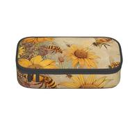 AQRJLPO Rural Honey Bees Flowers Prints Pencil Case Cute Pen Pencil Pouch Large Capacity Compartment Pencil Box Travel Makeup Bag for Students Girls Boys Women