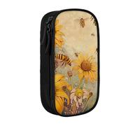AQRJLPO Rural Honey Bees Flowers Prints Pencil Case for Students Boys Girls - Large Capacity Double-Layer Office School Stationery Pouch Pencil Holder,Black