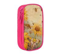 AQRJLPO Rural Honey Bees Flowers Prints Pencil Case for Students Boys Girls - Large Capacity Double-Layer Office School Stationery Pouch Pencil Holder,Pink