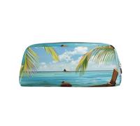 AQRJLPO Seaside Boat Coconut Leaves Print Leather Pencil Case with Gold Zipper, Multi-Use Cosmetic & Stationery Organizer, Waterproof Desk Storage Pouch for School, Office & Travel Gifts