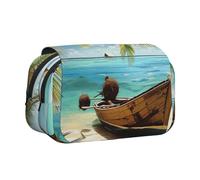AQRJLPO Seaside Boat Coconut Leaves Print Pencil Case Double - Layer Flip Pencil Pouch Pen Organizer Makeup Bag for School, Travel and Work