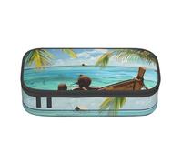 AQRJLPO Seaside Boat Coconut Leaves Prints Pencil Case Cute Pen Pencil Pouch Large Capacity Compartment Pencil Box Travel Makeup Bag for Students Girls Boys Women